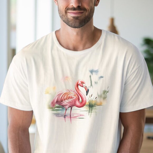 Pink Flamingo Graphic Tee Watercolor Bird Standing in Water Shirt - Picture 4 of 7